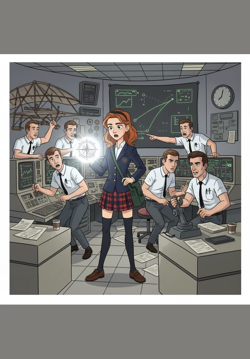 The ChronoKey glows white-hot, transporting Maya to a 1960s mission control room filled with buzzing computers and men in white short-sleeved shirts. Tension is high as a navigation error threatens to send a lunar module off course.