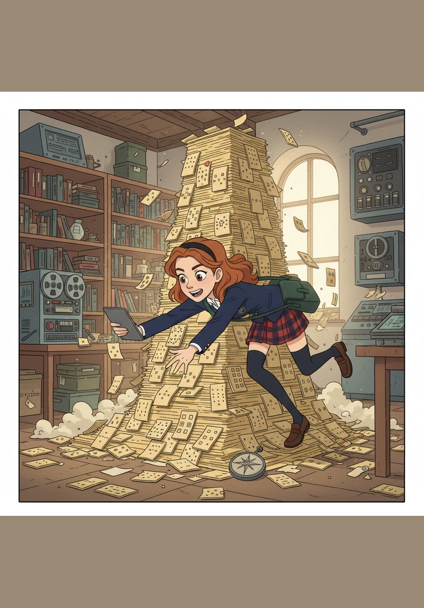 Maya dives into a stack of computer punch cards, scanning the binary sequences for the anomaly that caused the glitch. Using her sharp logical skills, she points out a misplaced digit in the trajectory code, allowing the engineers to correct the flight path just in time.