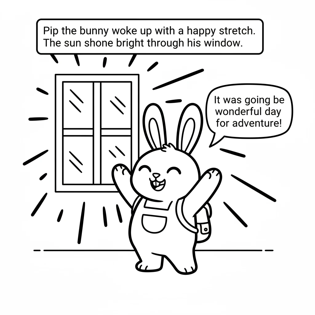 Pip the bunny woke up with a happy stretch. The sun shone bright through his window. It was going to be a wonderful day for adventure.