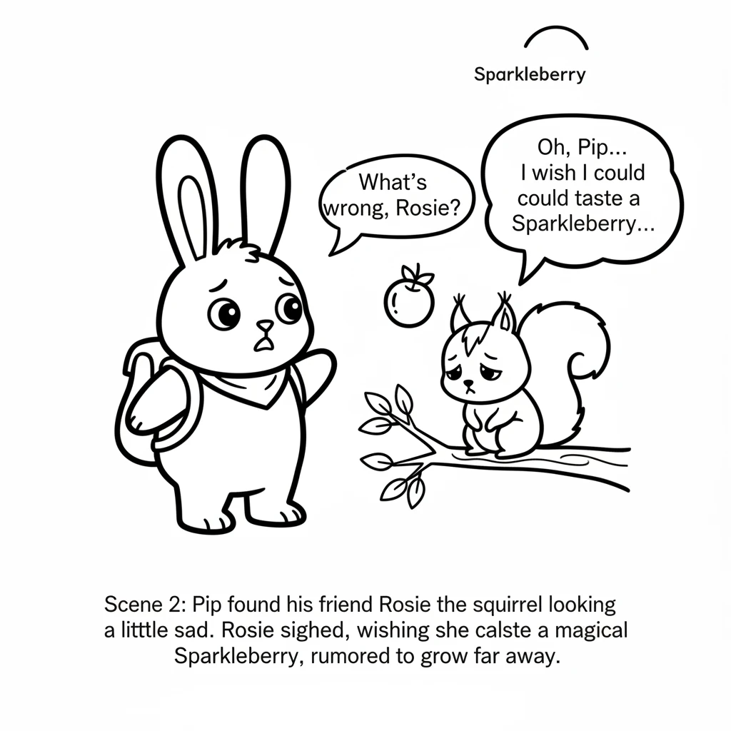 Pip found his friend Rosie the squirrel looking a little sad. Rosie sighed, wishing she could taste a magical Sparkleberry, rumored to grow far away.