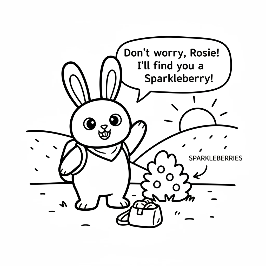 "Don't worry, Rosie!" Pip declared bravely. "I'll find you a Sparkleberry!" He packed a tiny bag and waved goodbye.