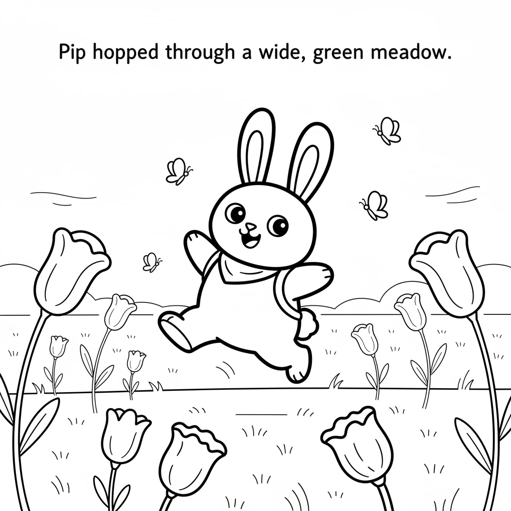 Pip hopped through a wide, green meadow. Butterflies fluttered past, and tall flowers swayed gently in the breeze.