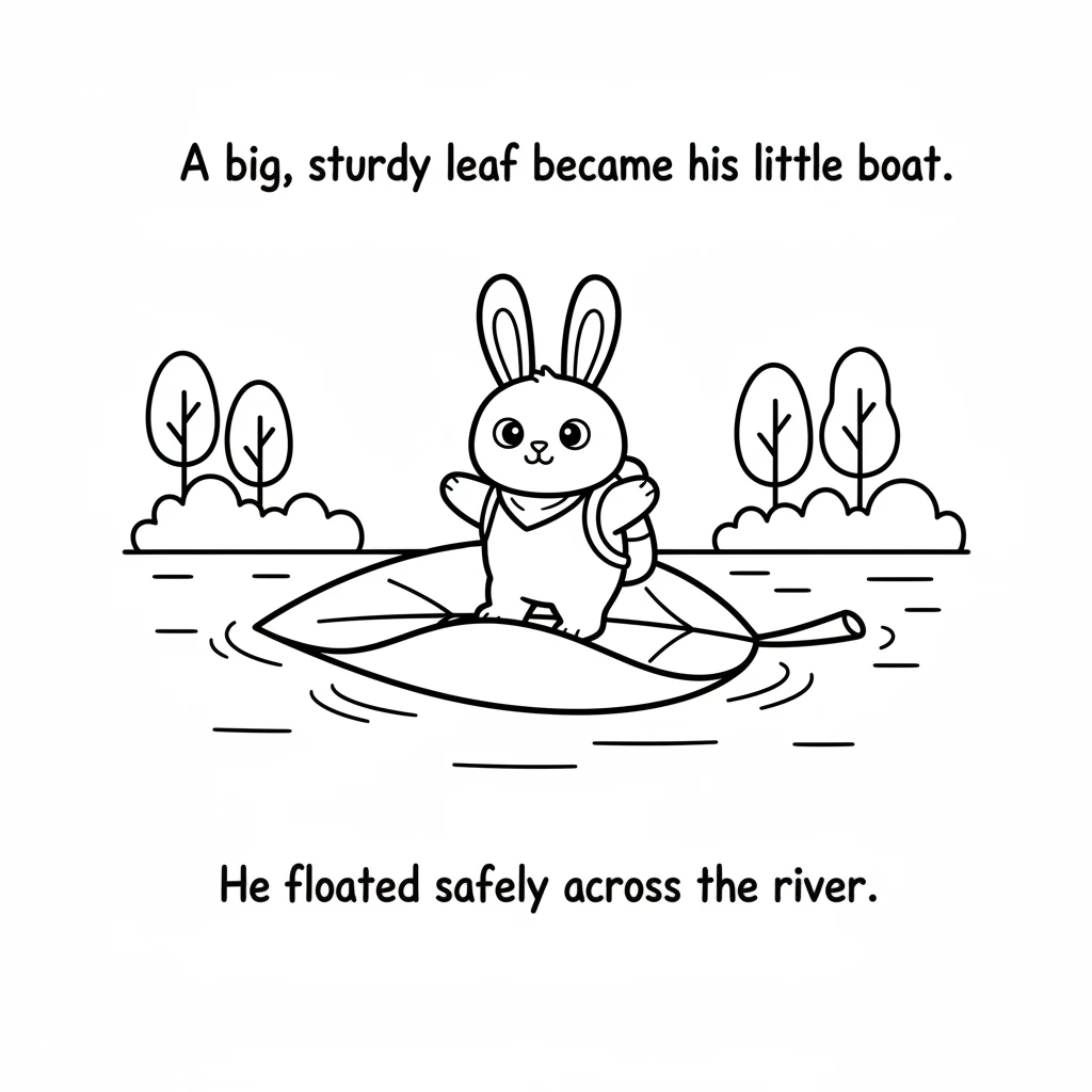 A big, sturdy leaf floated by. Pip carefully hopped onto it, and the leaf became his little boat. He floated safely across the river.