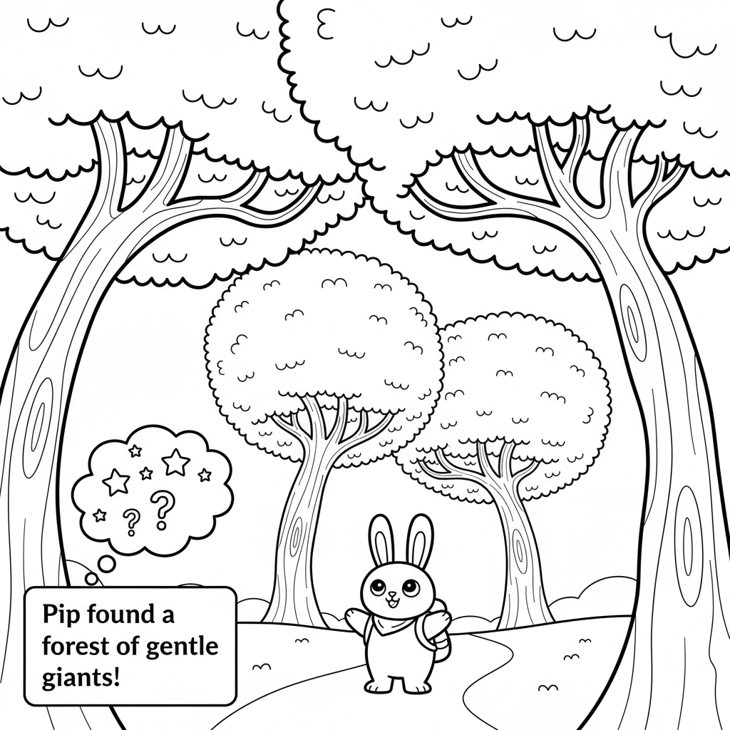 On the other side, Pip entered a quieter, taller forest. Big, round trees stood like gentle giants, their branches curving overhead.