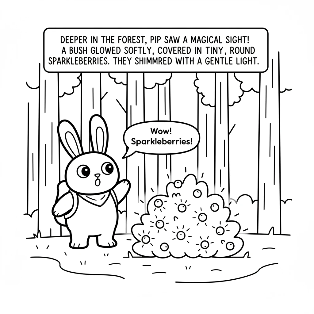 Deeper in the forest, Pip saw a magical sight! A bush glowed softly, covered in tiny, round Sparkleberries. They shimmered with a gentle light.
