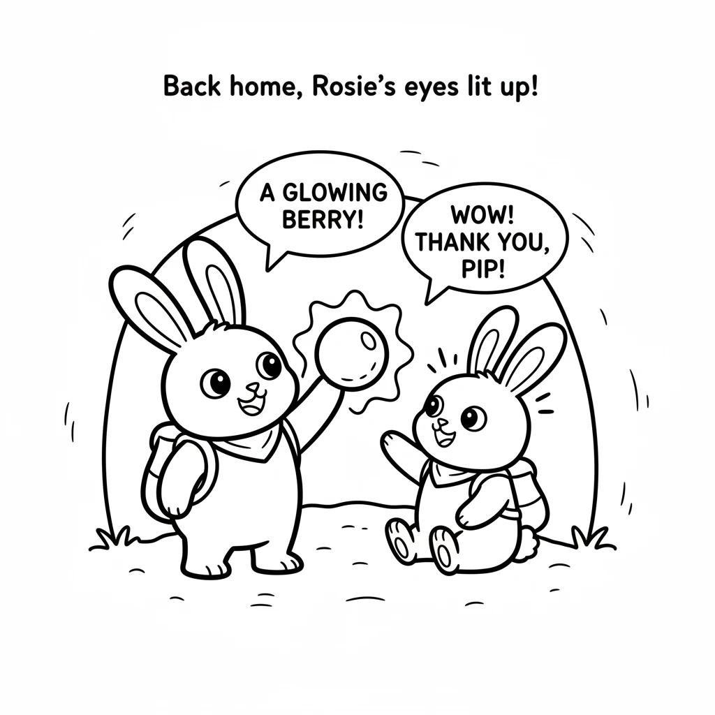 Back home, Rosie's eyes lit up when she saw the glowing berry! Pip smiled, happy to share his adventure and make his friend joyful.