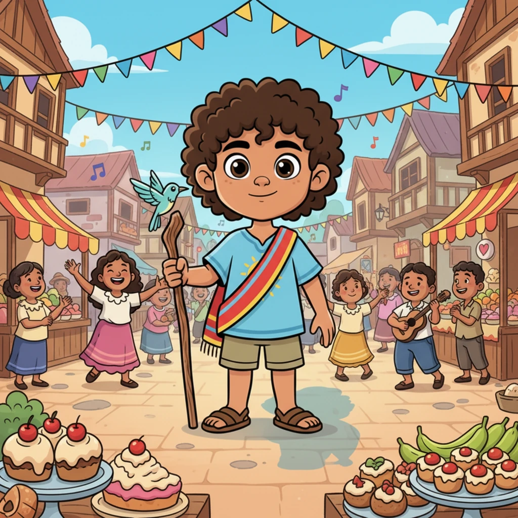 Un joven Espíritu, con ojos grandes y curiosos, pasea por una plaza vibrante, llena de colores y música. A pesar del bullicio festivo a su alrededor, una pequeña sombra de inquietud parece seguirlo, casi imperceptible. Su sonrisa es amable, pero un ligero ceño fruncido asoma en su frente, como si buscara algo que no puede encontrar.