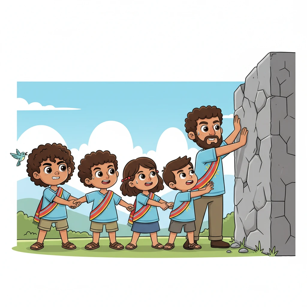 Muy lejos, en una tierra diferente, se ve a un grupo de figuras valientes, con ropas sencillas pero dignas, trabajando y luchando unidas. Sus manos están firmemente entrelazadas mientras se enfrentan a una gran y visible pared gris que simboliza una dificultad externa. Sus ojos reflejan determinación y una lucha clara contra una realidad palpable.