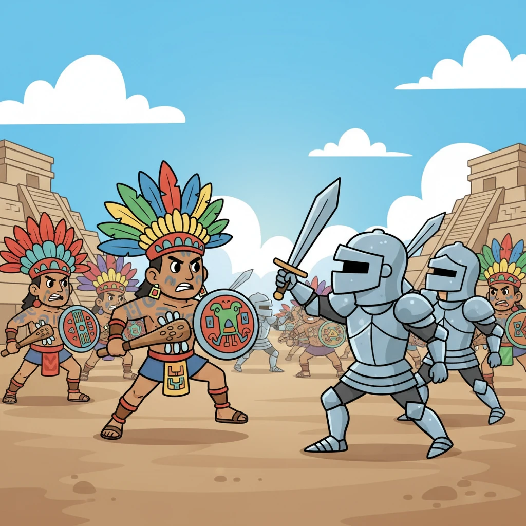 En otra época, guerreros aztecas, con penachos coloridos y escudos adornados, se alzan con fiereza contra figuras con armaduras brillantes y cascos de metal. El aire está lleno de movimiento y coraje, mientras defienden su tierra con todo su espíritu. Esta batalla es abierta, audaz y visible para todos.
