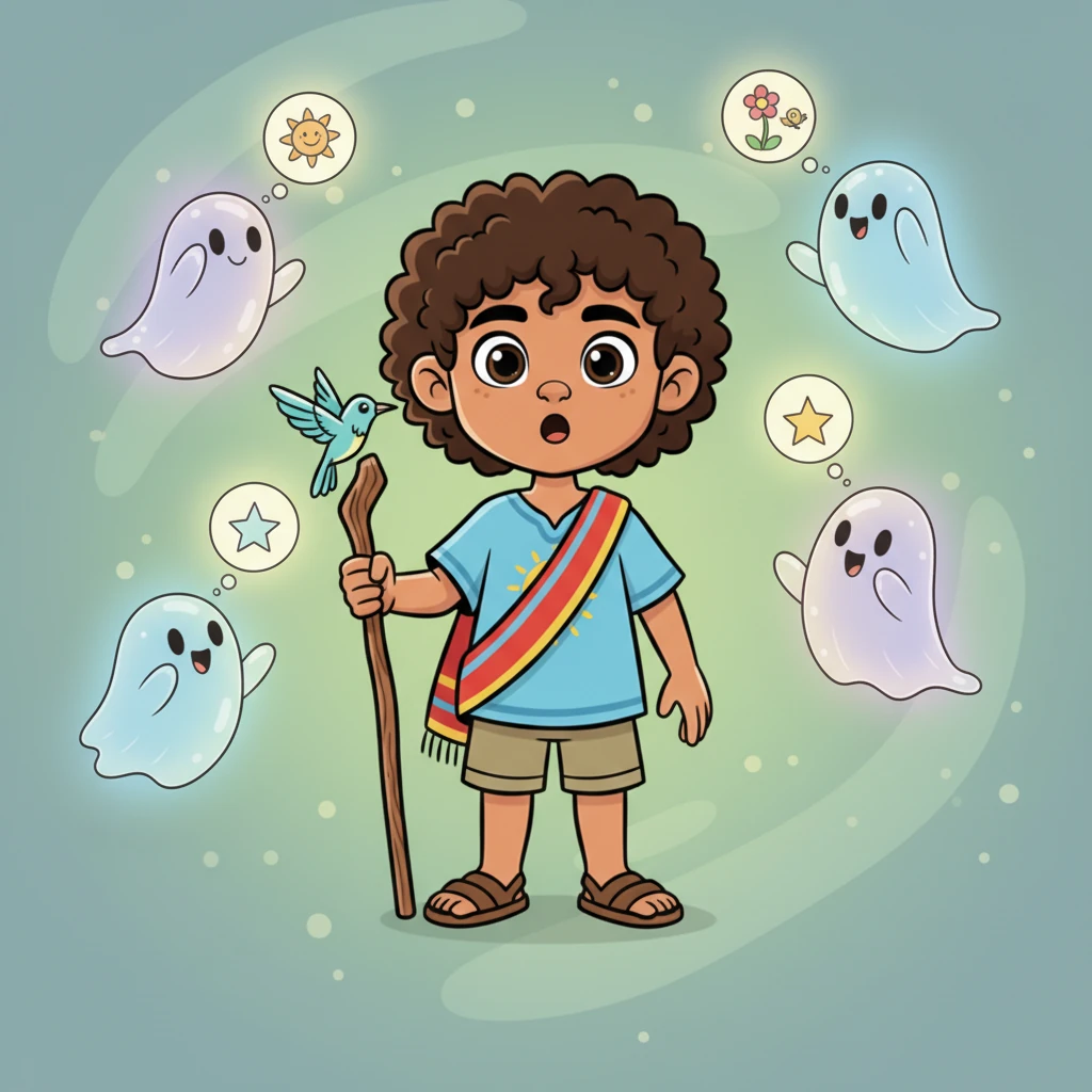 De vuelta con nuestro joven Espíritu, ahora se encuentra en un espacio tranquilo, pero a su alrededor flotan delicados fantasmas luminosos, transparentes y juguetones. Cada fantasma tiene una pequeña burbuja de pensamiento sobre su cabeza, brillando con una luz tenue. El Espíritu los mira con una mezcla de sorpresa y curiosidad.