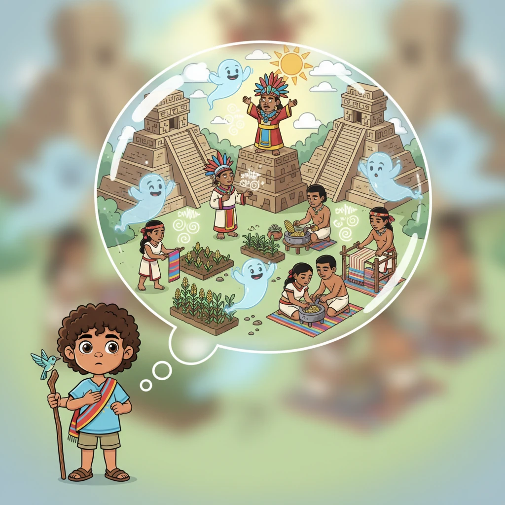 Dentro de una de las burbujas de pensamiento, se revela una imagen vívida: majestuosos templos aztecas, sacerdotes en ceremonias sagradas y el pueblo indígena trabajando en armonía. Los fantasmas, que representan estos "vestigios del pasado", susurran historias antiguas que solo el Espíritu puede sentir. Son ecos de una herencia profunda y poderosa.