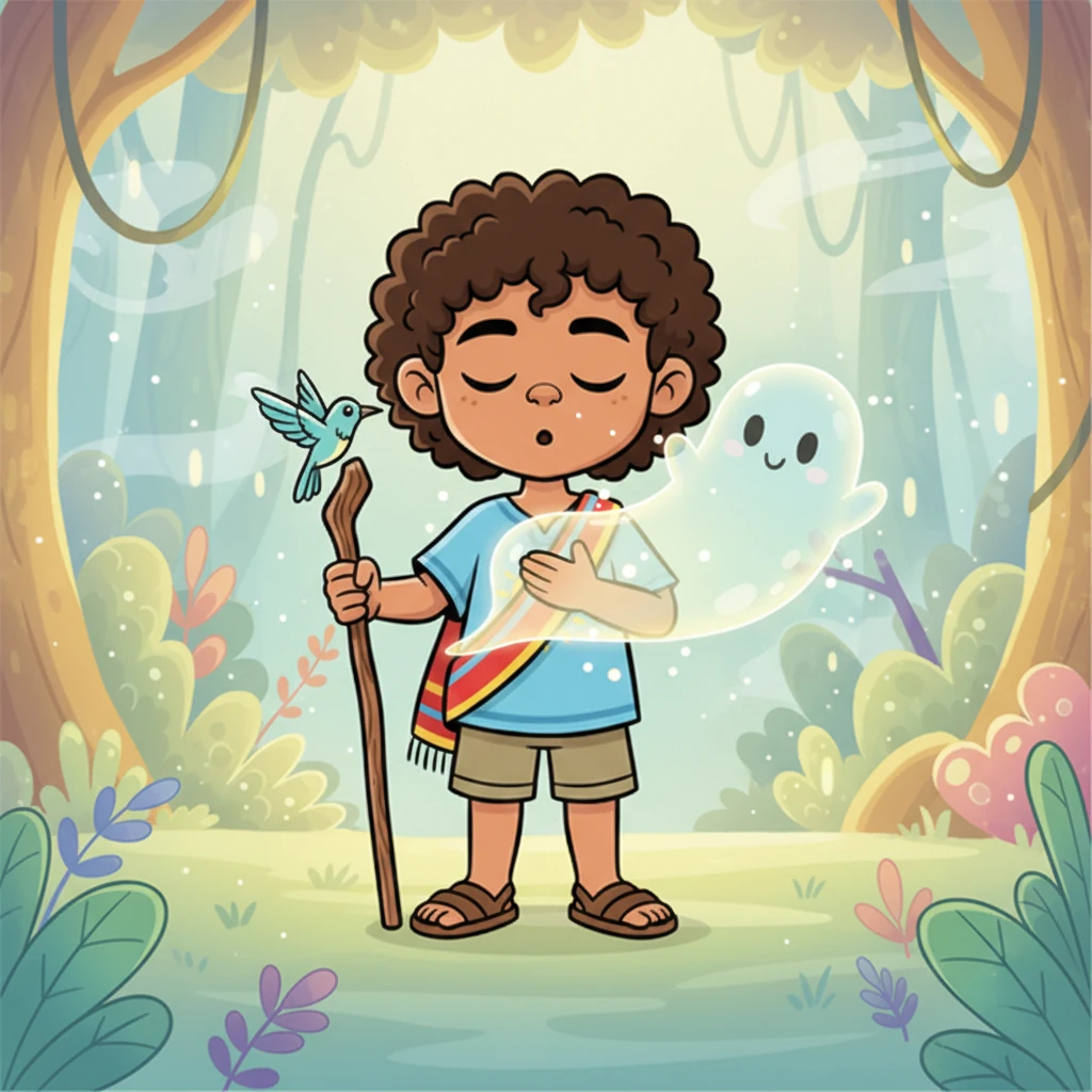 Uno de los fantasmas más pequeños y amigables, con un brillo suave, se acerca flotando al Espíritu. Con un movimiento delicado, el fantasma parece disolverse y pasar a través del pecho del Espíritu, como si se fusionara con él. El Espíritu cierra los ojos por un momento, sintiendo una conexión inesperada y sutil.