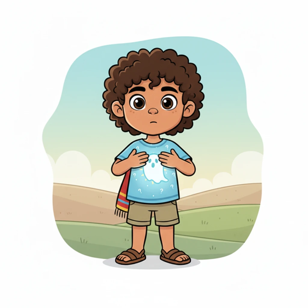 Ahora, un pequeño fantasmita translúcido y brillante vive dentro del Espíritu, visible a través de su pecho, como una luz interna. Este fantasmita se mueve inquieto, proyectando pequeñas chispas de duda y preguntas silenciosas. El Espíritu se toca el pecho, sintiendo esta nueva compañía y su presencia.