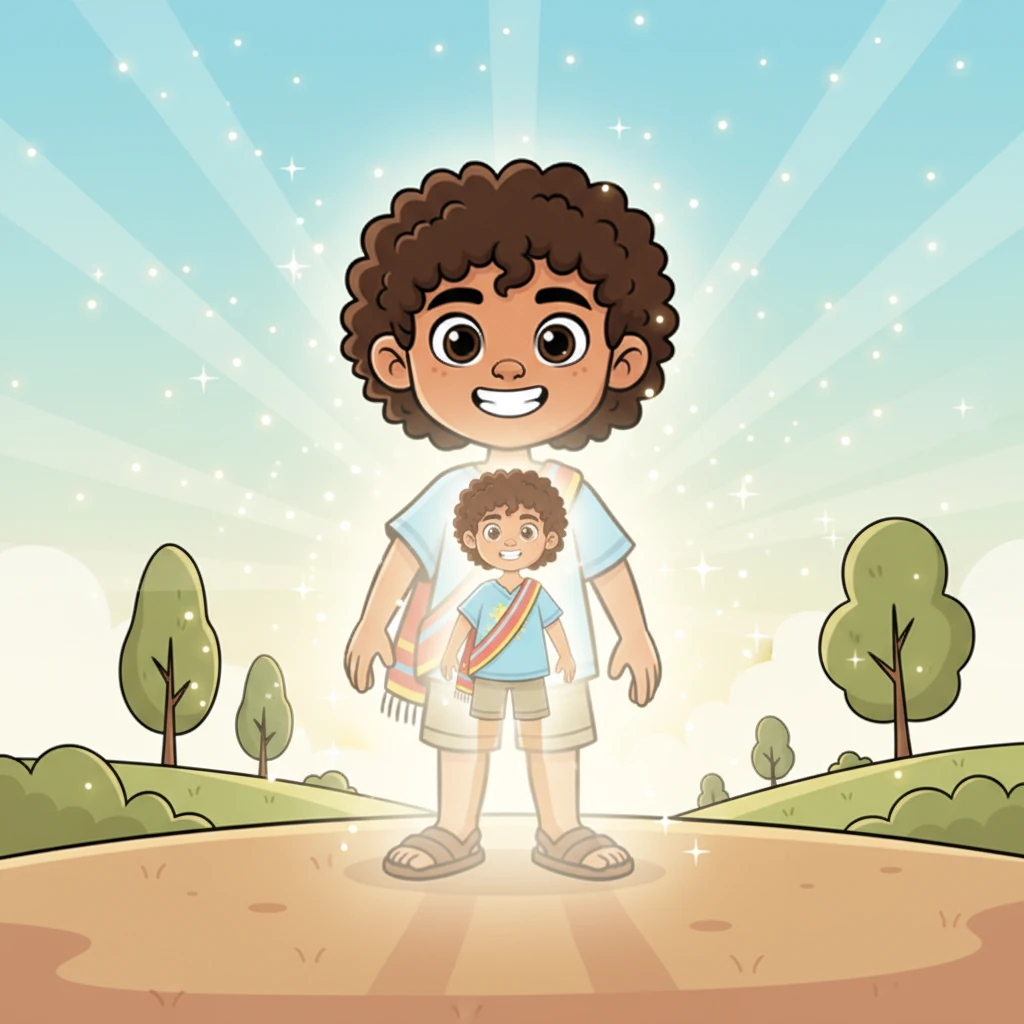 Finalmente, el Espíritu se erige alto y radiante, con una sonrisa genuina y llena de paz. El fantasmita dentro de él ya no proyecta dudas, sino que brilla con una luz cálida y constante, fusionándose armoniosamente con su propio brillo. El Espíritu ha abrazado su verdadera identidad, completo y valiente, atreviéndose a ser él mismo.