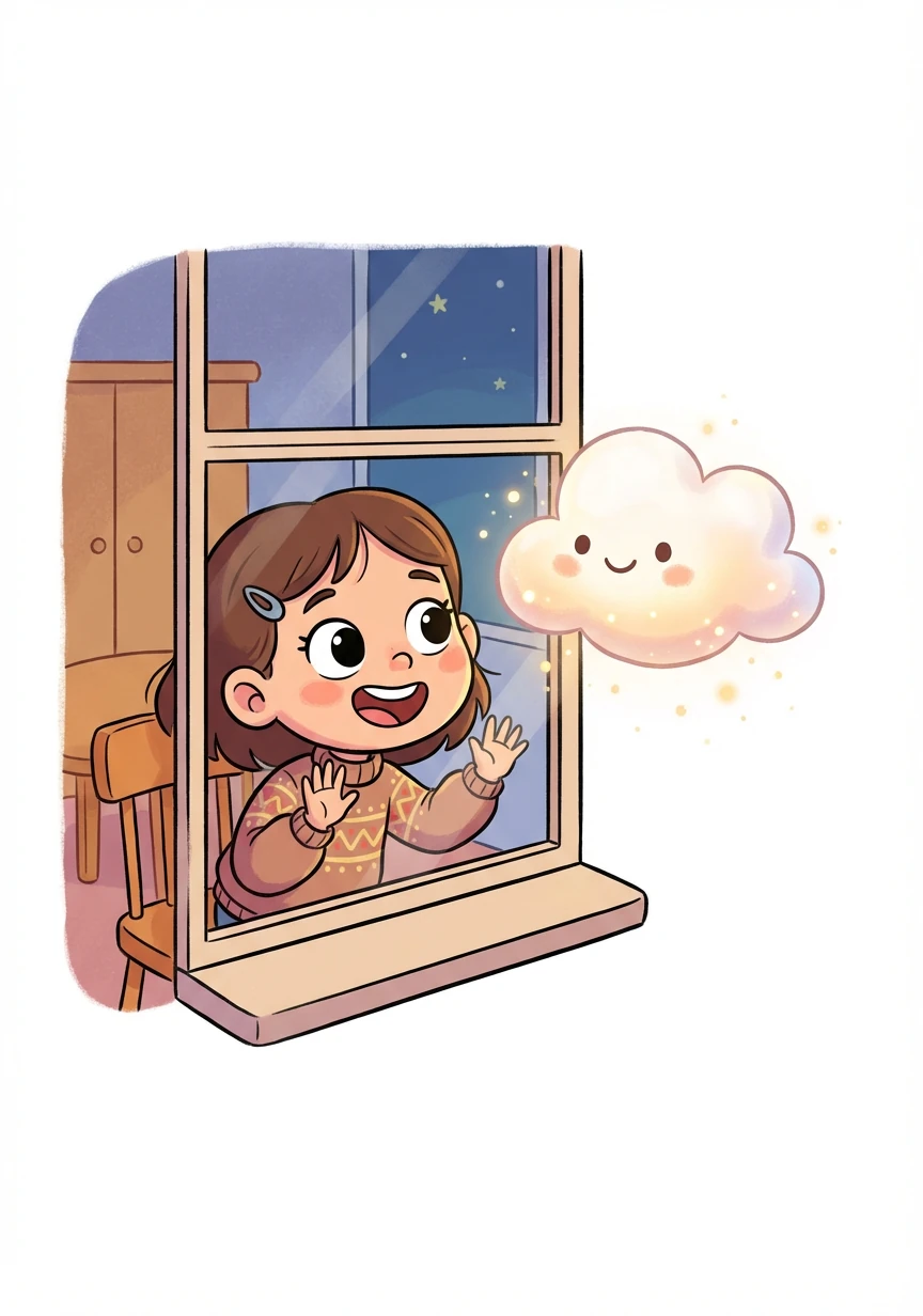 一朵小小的云，像棉花糖一样，慢慢飘到了莉莉的窗前。它轻轻闪着光，好像在对莉莉微笑。