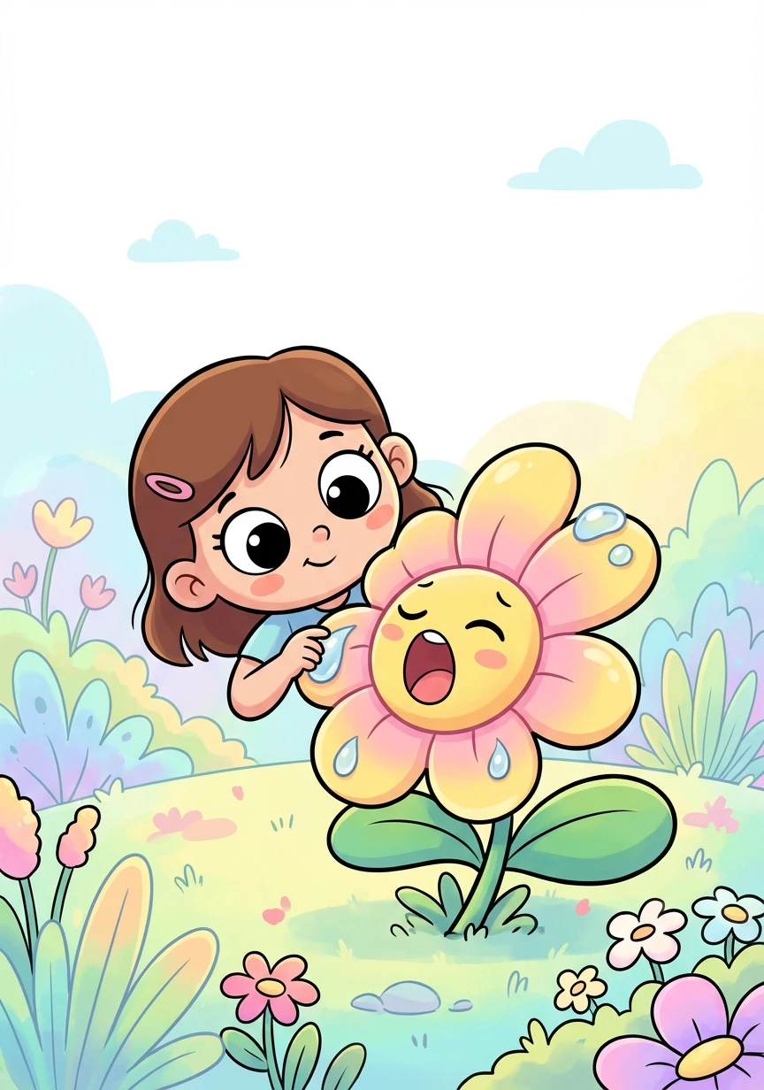 她看见了花园里打哈欠的小花，花瓣上还带着晶莹的露珠。