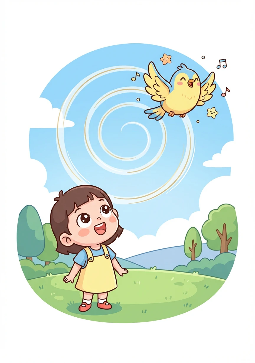 她看见了小鸟在空中画圆圈，欢快地唱着歌。