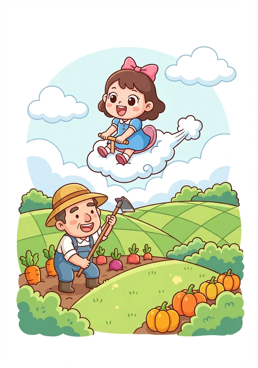 他们飞过绿色的田野，看见辛勤的农民伯伯在田里劳作。