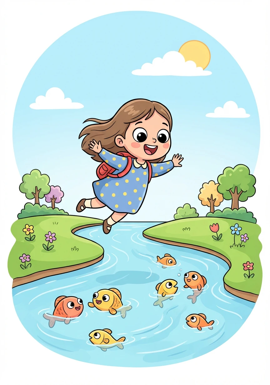 他们飞过清澈的小河，看见小鱼在水里自由自在地游动。