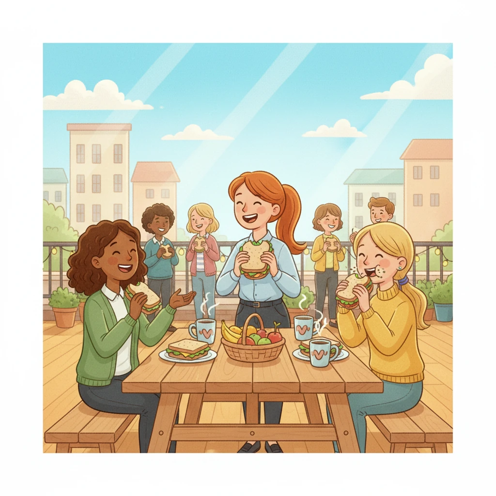 W przerwie na lunch, Zofia i jej współpracownicy wychodzą na taras. Śmieją się, rozmawiają i jedzą pyszne kanapki. Wszyscy czują się jak rodzina.