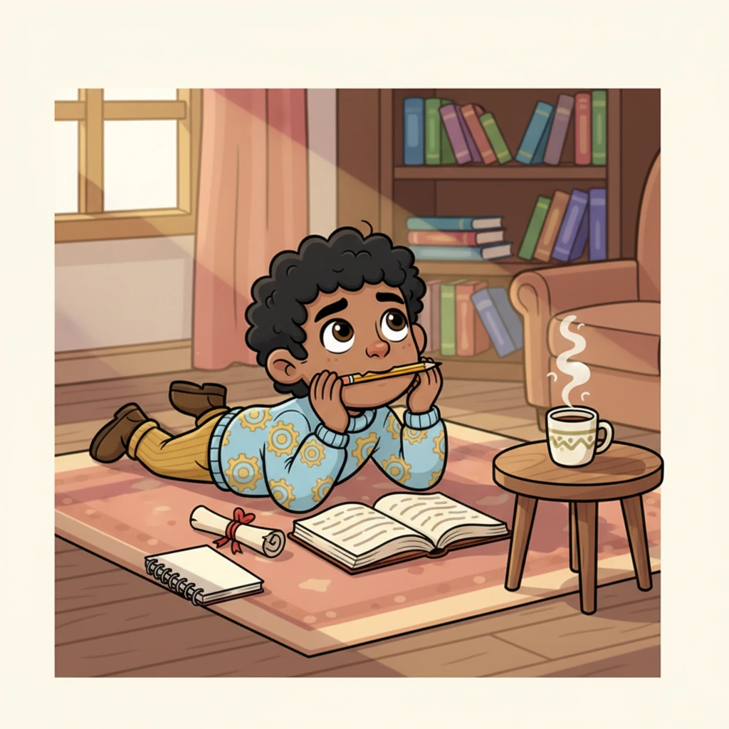 Aarav lay on his stomach, a book open, a pencil between his teeth, and his homework notebook still blank. The cozy room smelled of old paper and cardamom tea, with a thin afternoon sunbeam stretching across the carpet. He sighed dramatically, ready for a distraction.