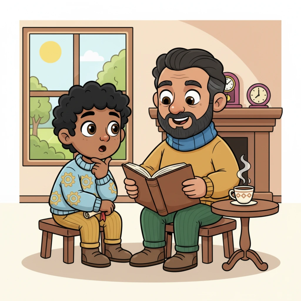 Dadu, with a gentle smile, lowered his teacup and picked up Aarav's book, tracing the printed words. He explained that there was a time when a book like this was rarer than gold. Aarav's eyes widened, completely captivated by this surprising idea.