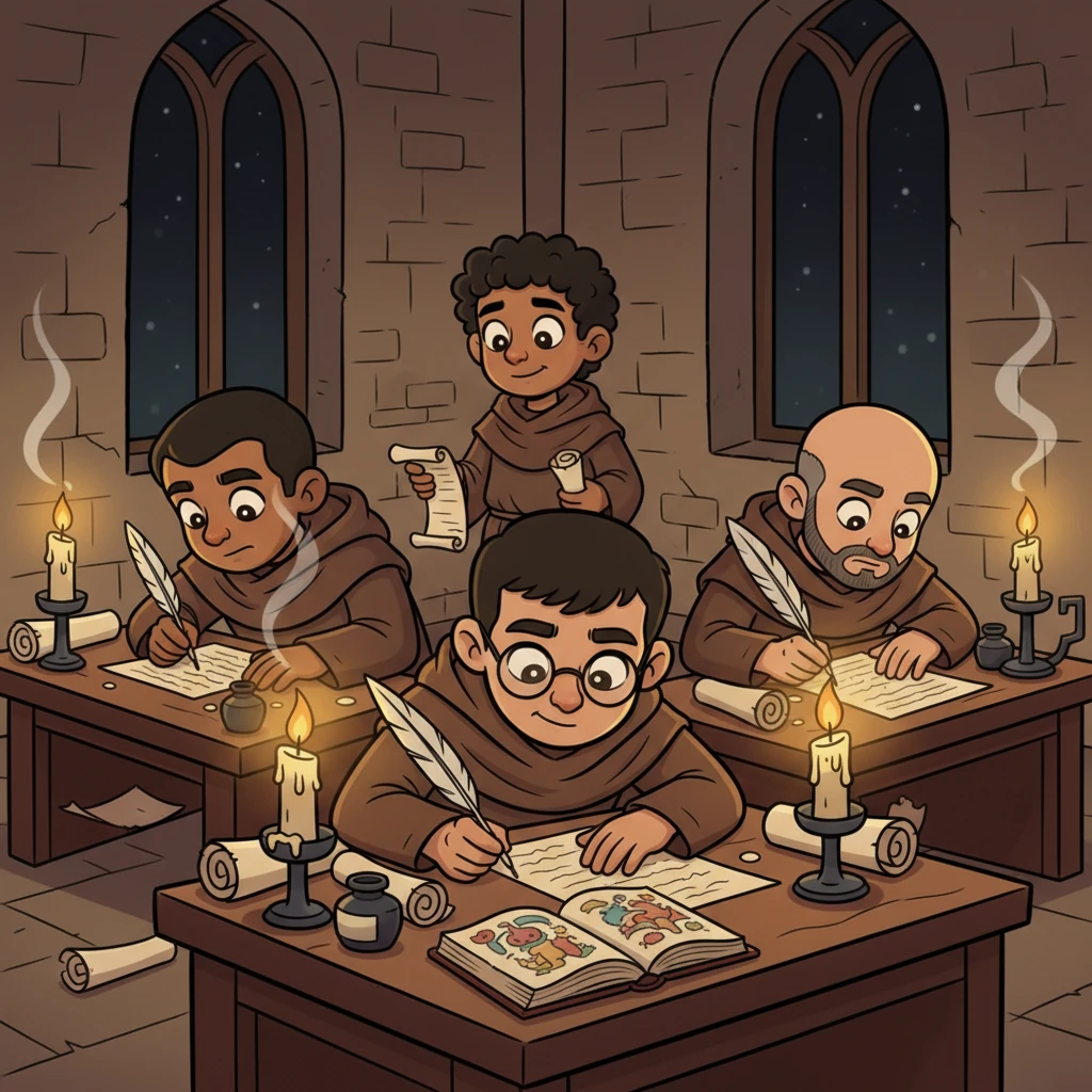 The scene shifts to a dimly lit stone room, where dedicated monks in simple robes hunched over wooden desks. By the flickering light of candles, they meticulously copied every word and letter by hand. The air smelled of wax and smoke as feather quills scratched rhythmically on parchment.