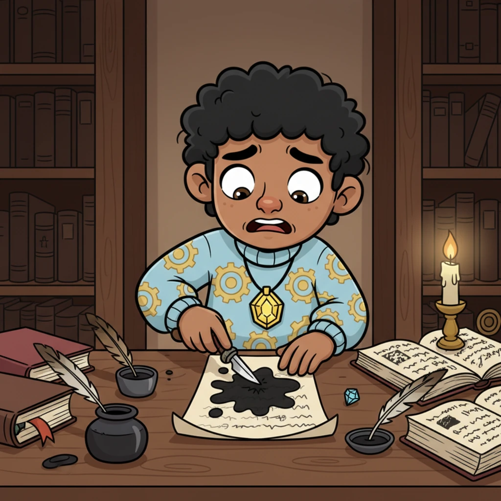 One monk, his hand trembling from hours of work, accidentally made a large blot of ink spread across a carefully copied page. His face showed dismay as he painstakingly scraped the ink with a knife, making the parchment dangerously thin. One mistake could ruin weeks of effort.