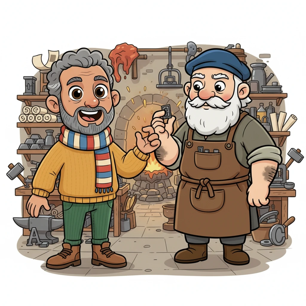 Dadu then introduced Johannes Gutenberg, a brilliant metalworker with rough, soot-darkened hands, standing in his bustling workshop. Surrounded by tools and the sharp smell of heated metal, Gutenberg examined a small, intricately engraved metal piece, deep in thought.