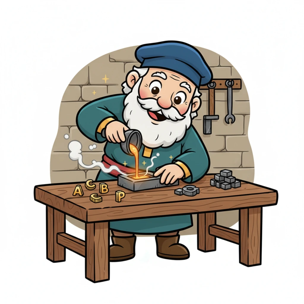 Driven by curiosity, Gutenberg began experimenting, pouring molten metal into tiny molds. One by one, small, shiny metal letters clinked onto his workbench, each perfectly formed and small enough to rest on a fingertip. He was creating the building blocks of a new world.
