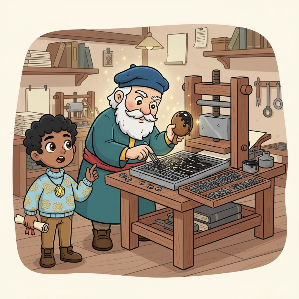 With meticulous care, Gutenberg arranged the tiny metal letters into a frame, forming words and lines. He then brushed thick, dark, oily ink over the raised letters, preparing them to transfer their message onto paper. The air in his workshop was thick with anticipation.