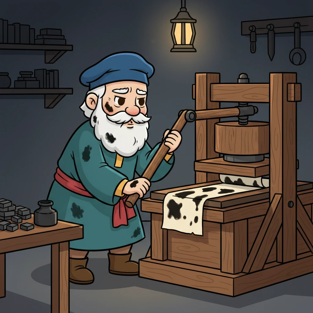 Gutenberg pulled the lever of his wooden press, but the first attempts were often frustrating. Paper tore, ink smudged, and letters blurred. His hands were black with ink, his back ached, but night after night, the faint glow from his workshop showed his unwavering determination.