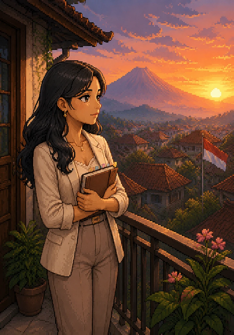 Chinthya stands on her balcony in Indonesia, looking at the distant mountains as the sun begins to set. She holds a journal filled with dreams of studying abroad and building an export business, her heart a mix of fierce ambition and quiet insecurity.