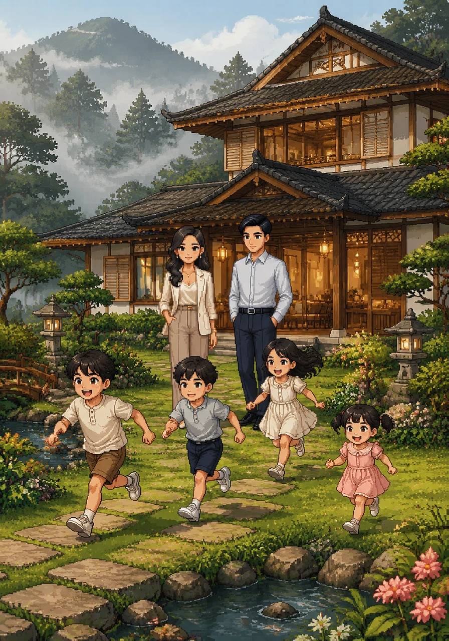 The dream house in Tawangmangu finally comes to life, a masterpiece of Japanese and Javanese design filled with the laughter of their four children. Kael, Ken, Seraphine, and little Mina run through the gardens as the morning mist clings to the mountain trees.