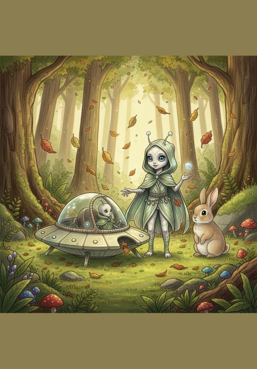 Маленький космический корабль Луми мягко опустился на поляну в таинственном земном лесу. Крошечный пришелец с мерцающими усиками и огромными добрыми глазами впервые коснулся лапками мягкого зеленого мха. Золотистые листья кружились в воздухе, приветствуя гостя из далекой галактики, пока он с восторгом изучал новый для него мир.