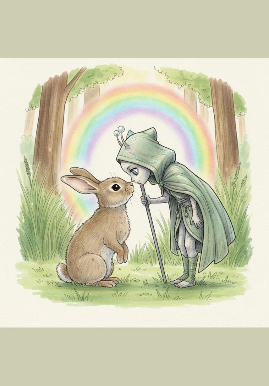 На опушке Луми встретил пушистого лесного кролика, который с любопытством разглядывал необычного гостя. Когда они осторожно соприкоснулись носами, вокруг них вспыхнула нежная радужная аура, символизирующая начало удивительной дружбы. Оказалось, что доброта — это универсальный язык, понятный даже жителям самых далеких планет.