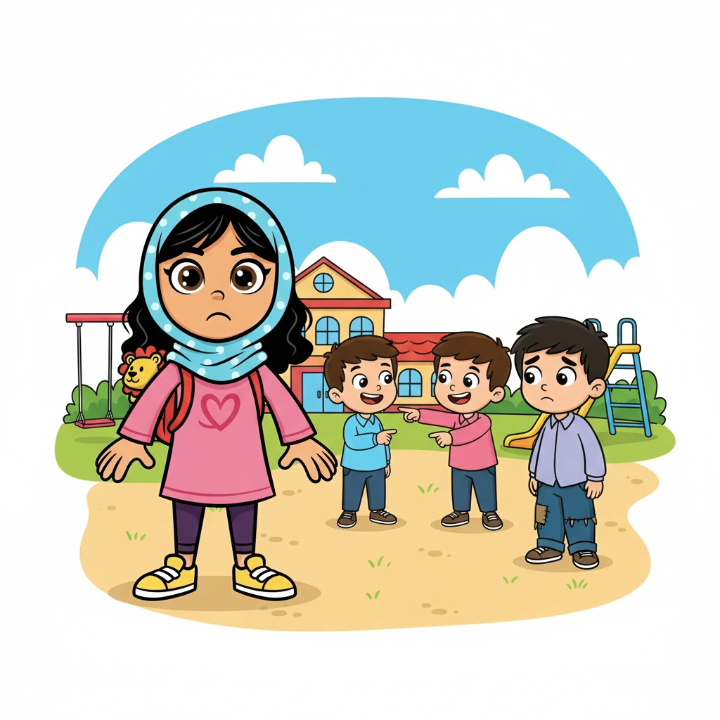 في ساحة المدرسة، لاحظت ديمة مجموعة من الأولاد يسخرون من زميلهم، حسام. كان الأولاد يضحكون ويسخرون من ملابسه، مما جعل حسام يشعر بالحزن والإحراج. ديمة شعرت بالضيق لهذا الموقف ورغبت في فعل شيء ما.