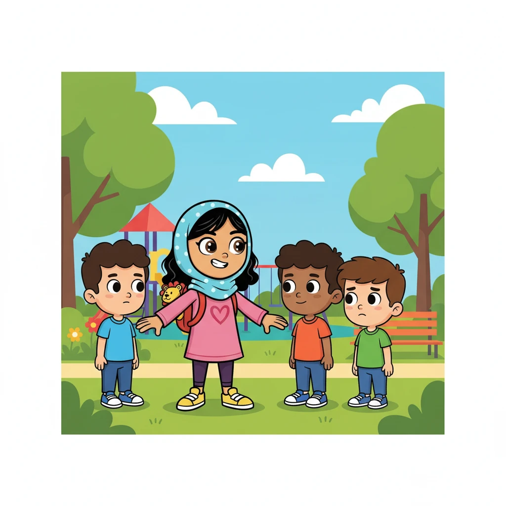 تذكرت ديمة ما تعلمته عن أهمية الاحترام وعدم إيذاء الآخرين. قررت ديمة أن تتدخل وتدافع عن حسام. اقتربت من الأولاد وقالت لهم بصوت عالٍ: "هذا ليس صحيحاً! يجب أن نحترم بعضنا البعض".