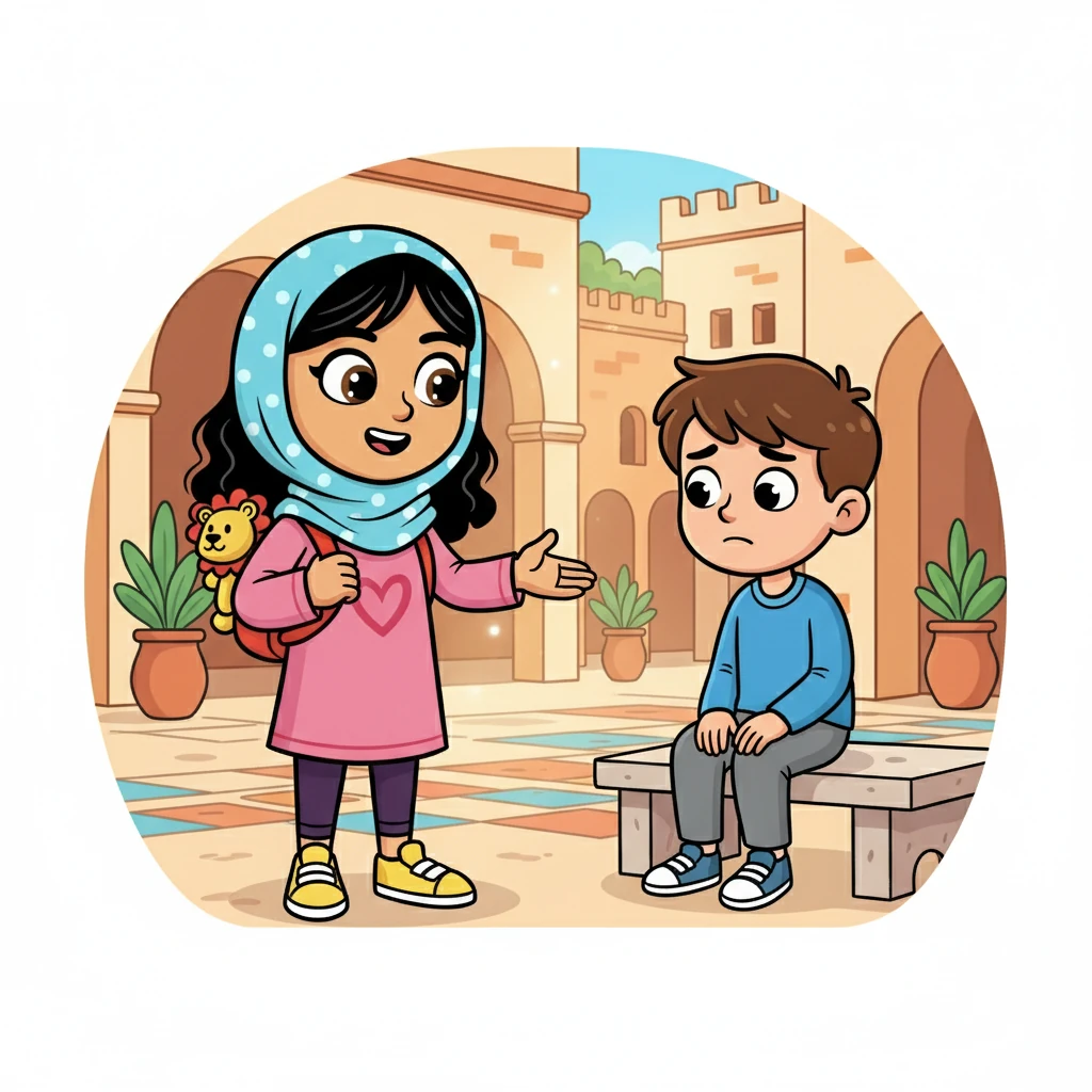 بعد ذلك، ذهبت ديمة إلى حسام وقدمت له الدعم والتشجيع. ابتسم حسام وشكرها على شجاعتها. أدركت ديمة أن كلماتها الطيبة يمكن أن تحدث فرقاً كبيراً في حياة الآخرين.