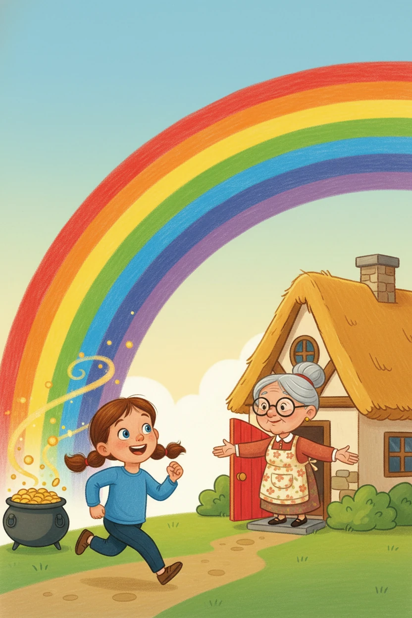 Lila correu para a casa da vovó, ansiosa por uma resposta. A vovó, com seus óculos e um sorriso gentil, contou que o arco-íris era magia dos duendes e que no fim dele havia um pote de ouro.