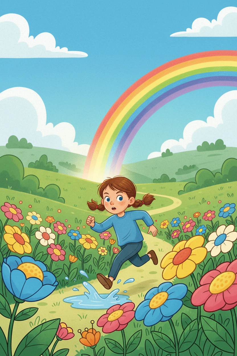 Determinada, Lila decidiu encontrar o fim do arco-íris. Ela correu pelos campos floridos, pulou em poças d'água e se perdeu na beleza das cores, completamente absorta em sua busca.