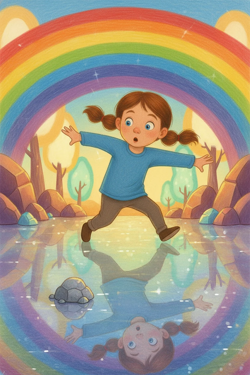 Enquanto admirava as cores, Lila tropeçou em uma pedra e caiu. Quando abriu os olhos, ela se viu em um lugar mágico e diferente, com um chão que brilhava como cristal.