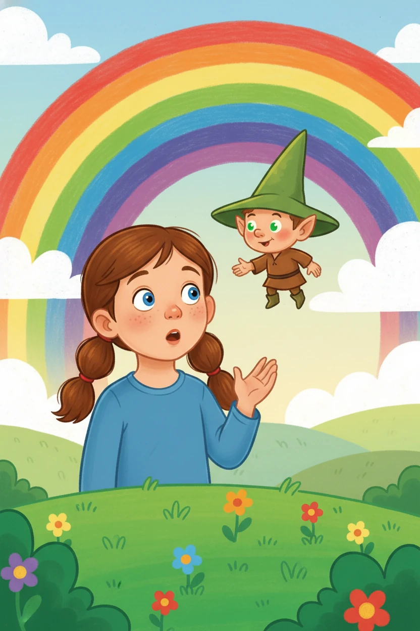 De repente, uma voz fina a saudou: "Bem-vinda ao Reino das Cores!" Lila olhou para cima e viu um pequeno duende com um chapéu pontudo e olhos verdes brilhantes.