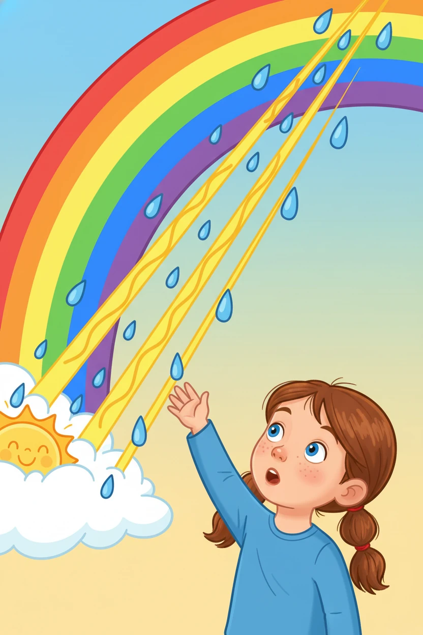 Lila, encantada, ouviu Finn explicar que o arco-íris nasce da união do sol e da chuva. Os raios solares, ao atravessarem as gotas de água, se dividem em sete cores.