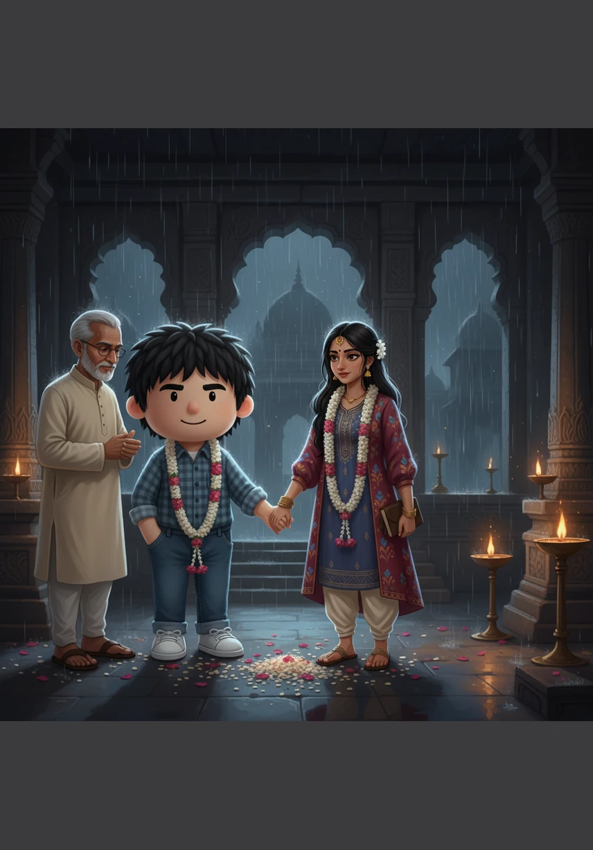 এক বৃষ্টির রাতে আবেগের বশবর্তী হয়ে তারা মন্দিরে গিয়ে গোপনে বিয়ে করে ফেলে। এই সম্পর্কের কথা গোপন রেখেই শুরু হয় তাদের এক নতুন এবং জটিল জীবন।