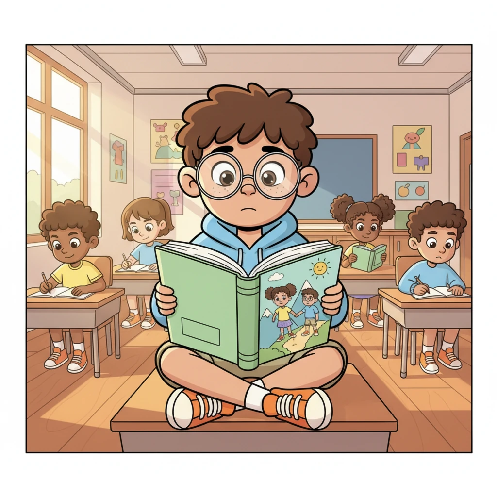 Edward, a shy boy with round glasses, is engrossed in a book, his face illuminated by the pages. He's sitting cross-legged at his desk in a sunny classroom, surrounded by other students quietly working. The book's cover shows a brave girl and a shy boy on an adventure.
