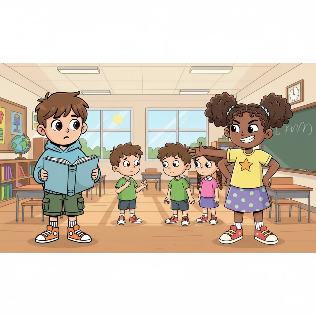 Suddenly, Edward peeks over his book. Across the classroom, Jessica Williams, a girl with a confident smirk and hands on her hips, is loudly directing other students. Her exaggerated gestures show her bossy nature, making some kids look uncomfortable.