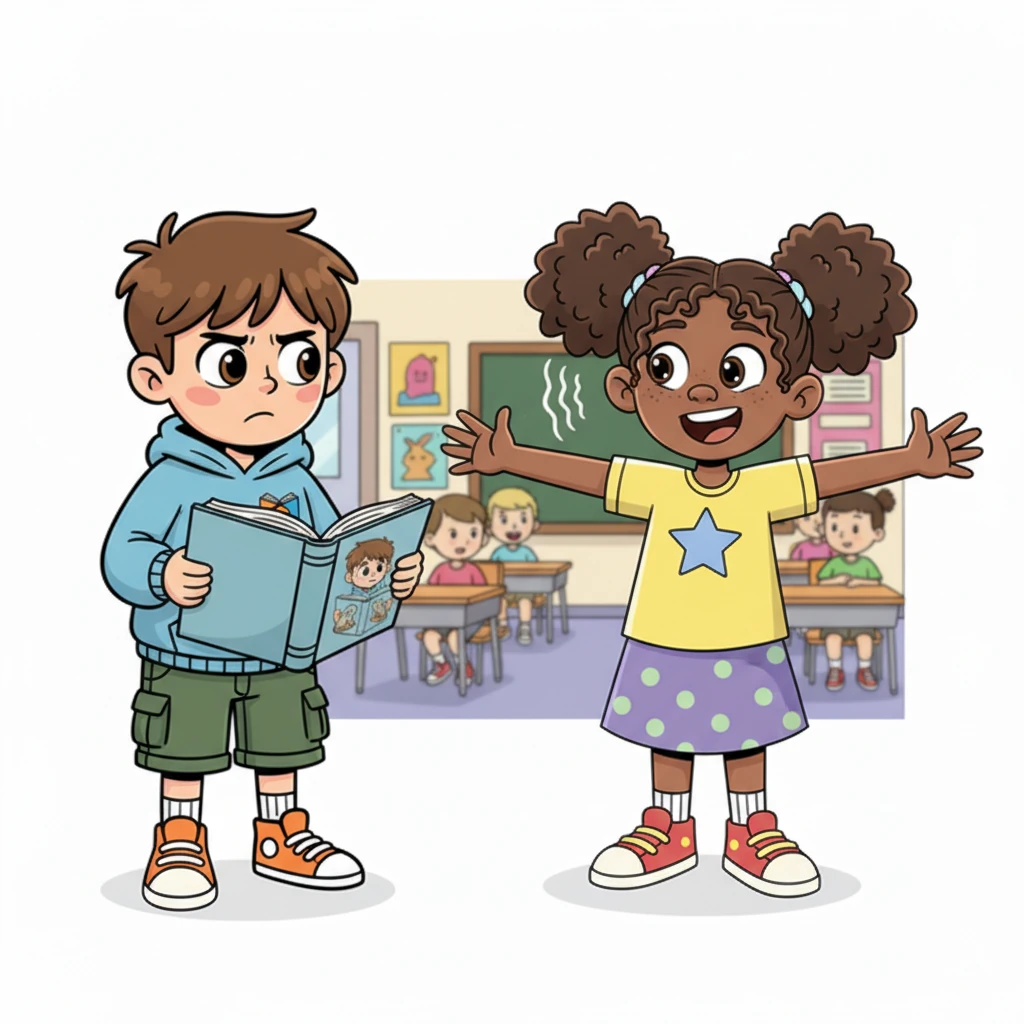 Jessica's voice booms across the room, telling her classmates what to do and where to go. Edward tries to focus on his reading, but his brow furrows, and his eyes dart between his book and Jessica. He can't help but feel distracted by her constant demands.