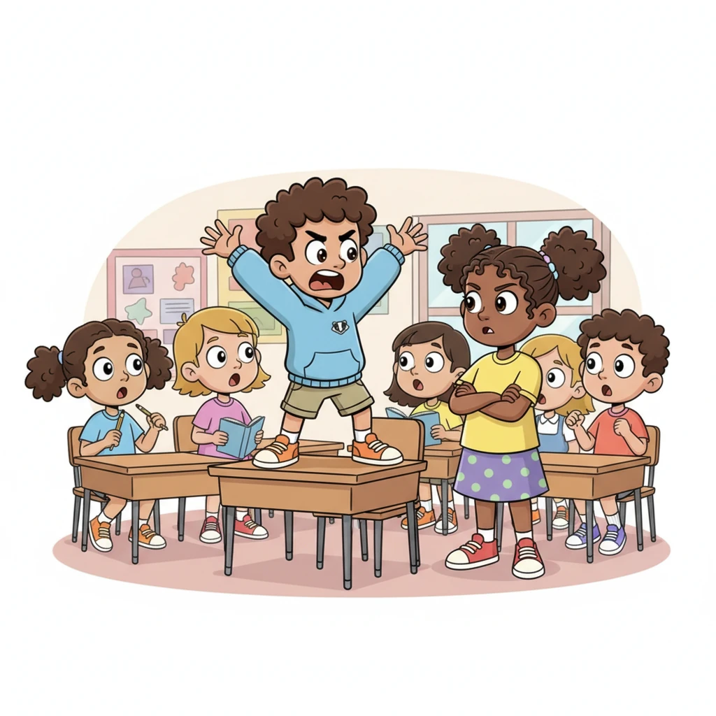 Jason McCullouch, a sporty boy, suddenly stands up and throws his hands in the air, yelling at Jessica to be quiet. The other students freeze, their eyes wide with shock, looking from Jason to Jessica, who now has a defiant look on her face.