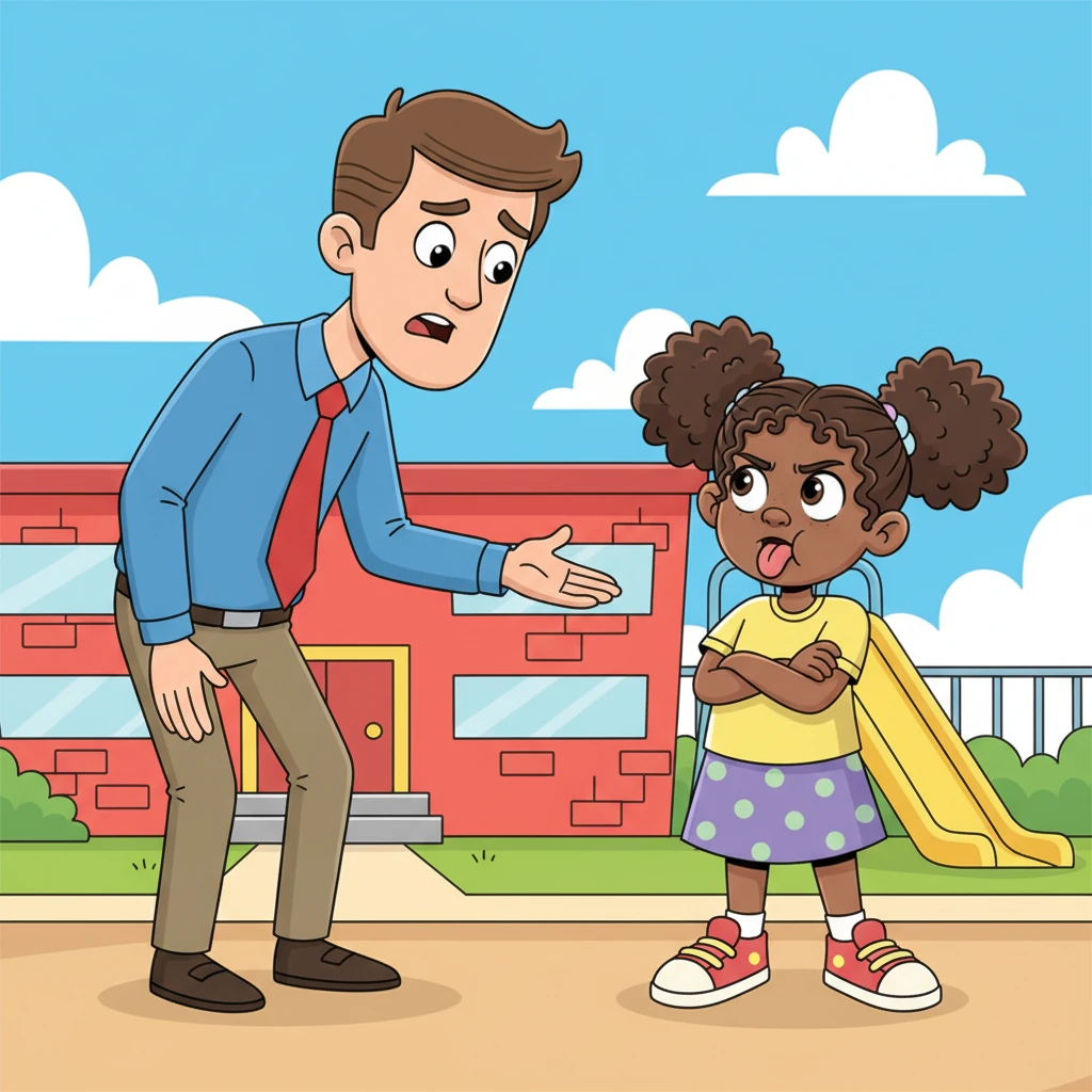 Mr. Johnson, the teacher, steps forward with a concerned expression, gently scolding Jessica. But Jessica boldly crosses her arms, sticking out her tongue and making a rude face at the teacher, showing no respect.